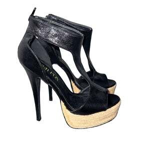 Paper Fox Shaya Black T-Strap Espadrille Platform Heels size 7.5